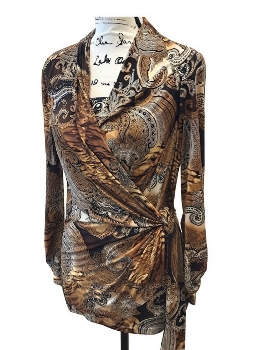 🩵CACHE Paisley Wrap-Style Long Sleeve Top in Brown and Black SIZE LARGE
